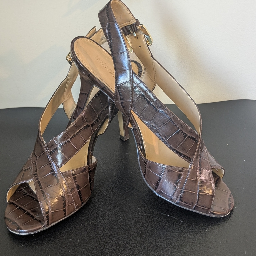 Michael Kors Womens Nutmeg Brown Becky Embossed Leather Sandal Heels - Picture 3 of 16